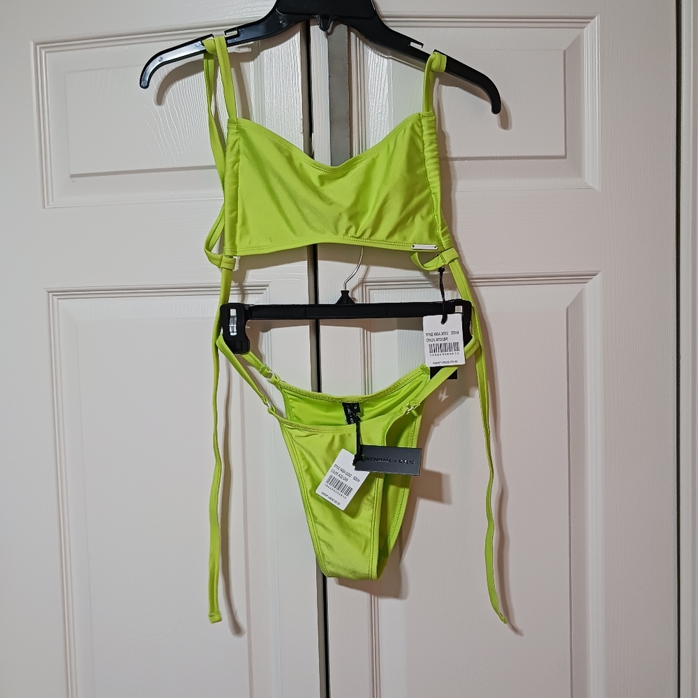 NWT Kendall & Kylie 2 Piece Swim Neon Hot Green Bandeau High Cut Bikini